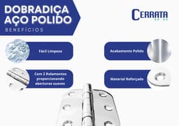 Kit 3 Unidades Dobradiça Aço Cromado Polido Raio 10 Cerrata - miniatura 2
