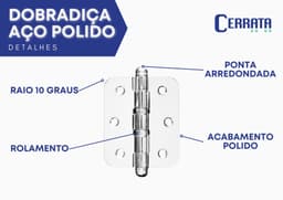 Kit 3 Unidades Dobradiça Aço Cromado Polido Raio 10 Cerrata - miniatura 3