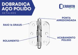 Kit 3 Unidades Dobradiça Aço Cromado Polido Raio 16 Cerrata - miniatura 3