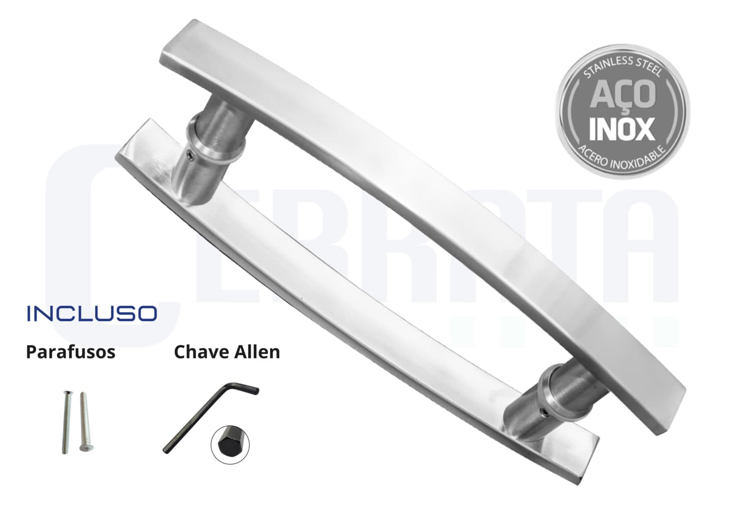 Puxador de Porta Curvado Aço Inox Escovado 30 cm x 22 cm Entre Furos Para Portas Pivotantes, Madeira, Vidro, Alumínio e Portões Cerrata