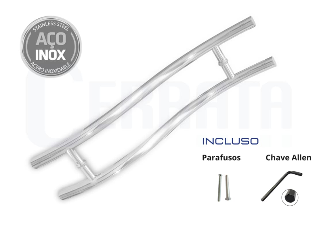 Puxador de Porta Curvo Inox 600mm(60cm) Grossura 25mm Duplo Para Portas Pivotantes, Madeira, Vidro, Alumínio e Portões